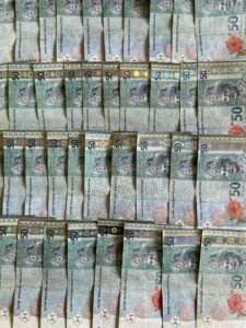 Close-up view of arranged Malaysian ringgit notes, perfect for finance themes.